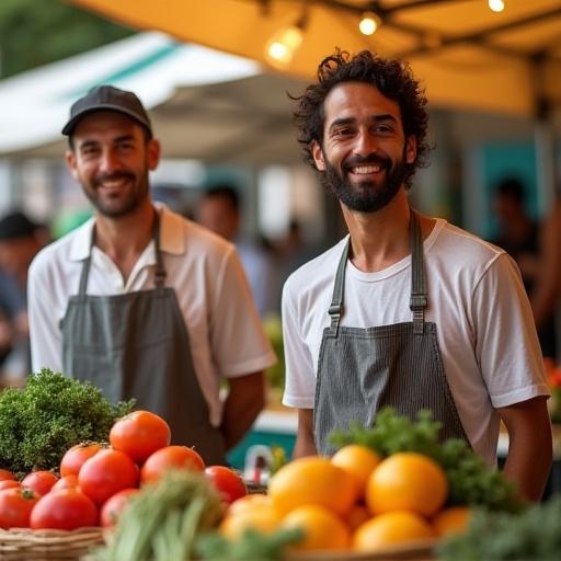 Fondatori di Ora del Raccolto al banco di un mercato contadino